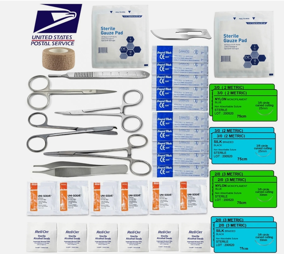 Surgical Suture Kit Basic First Aid Medical Travel Kit - 39 Pieces USA MADE !!